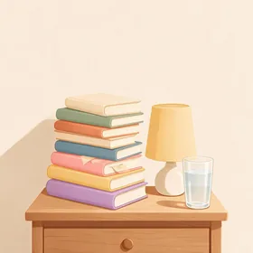 A stack of books beside a bed