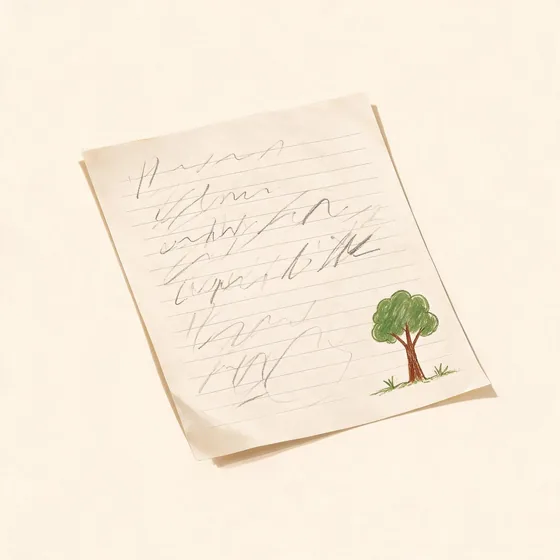 A child's handwritten letter with a drawing