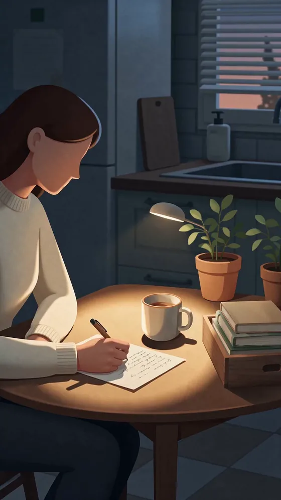 Someone writing a letter by hand at a kitchen table