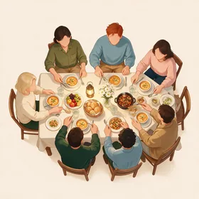 Friends around a crowded dinner table