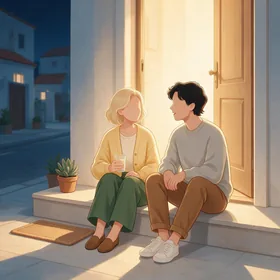 Two friends talking on a doorstep at night