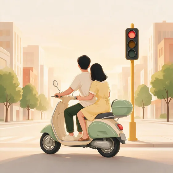 Two people on a scooter at a traffic light